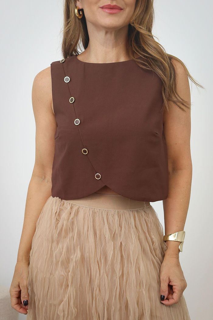 Blusa Cropped Alfaiataria Tecido Plano Sarjado - Café