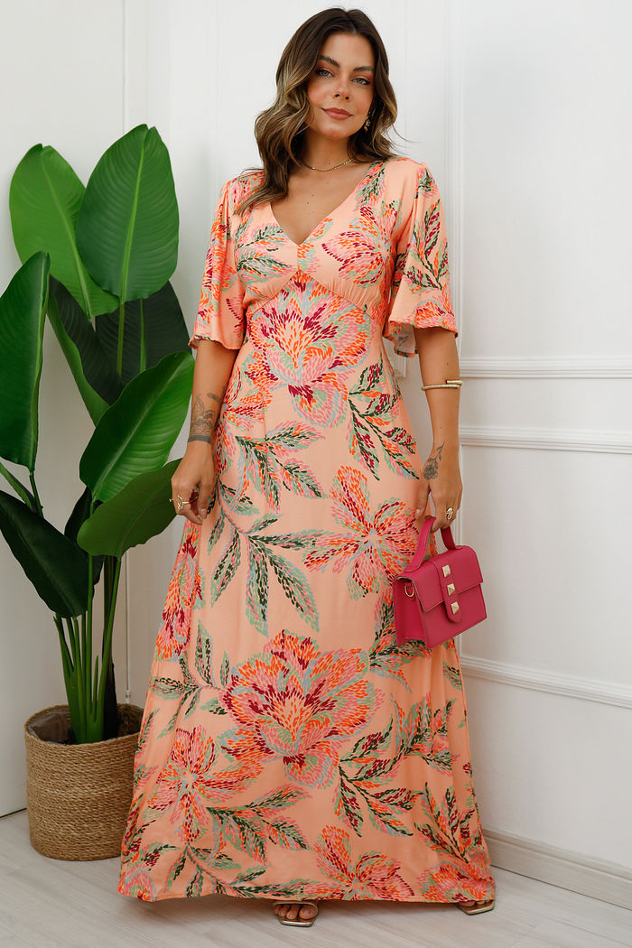 Vestido Amarena - Tecido Plano de Viscose Sarjada - Estampa Flores Artísticas Fundo Coral