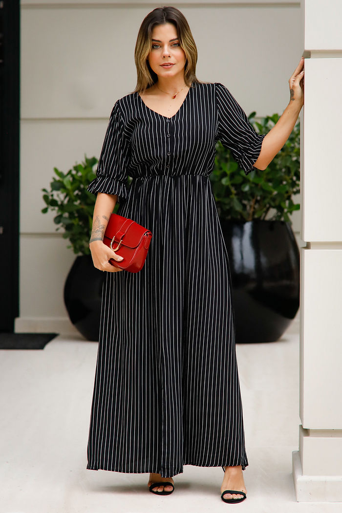 Vestido de Tecido Plano de Viscose - Melina - Risca de Giz Fundo Preto