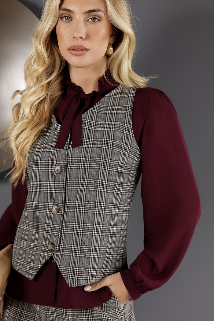 Colete Xadrez Decote V Alfaiataria - Doce Flor