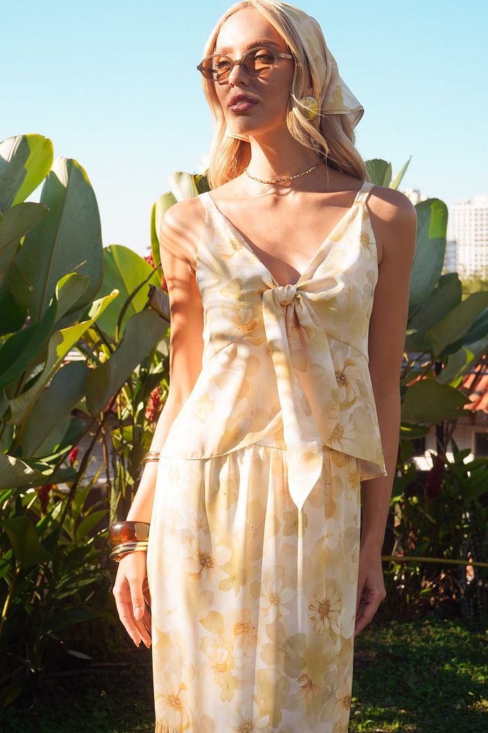 Regata Alça Fina Busto Amarração Floral- Donna Ritz