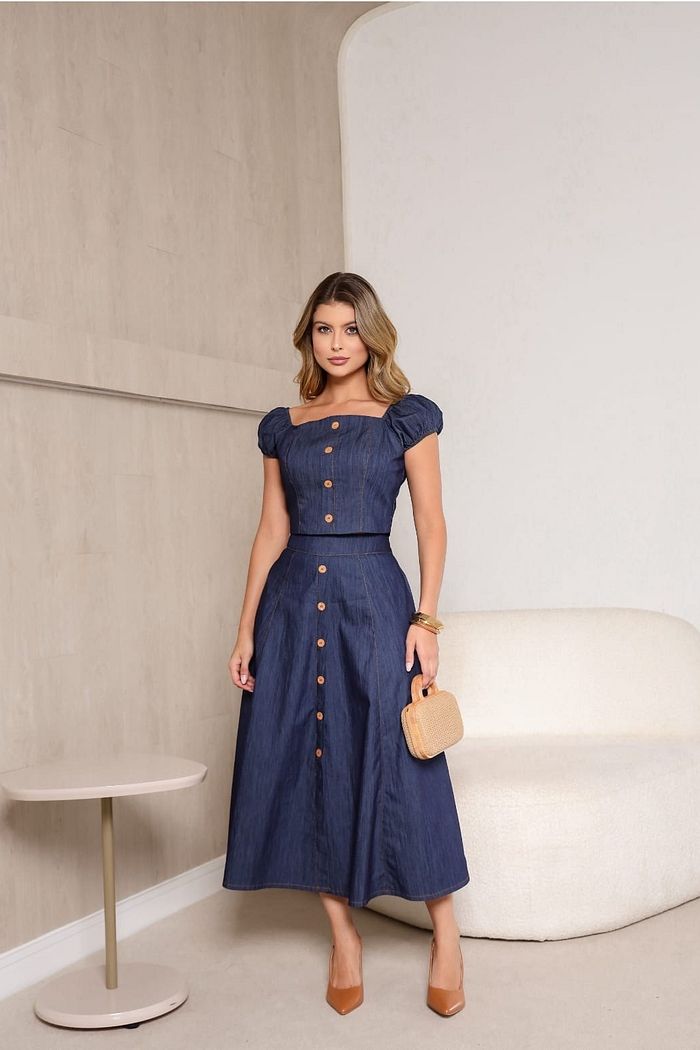 Saia Midi Botões Jeans