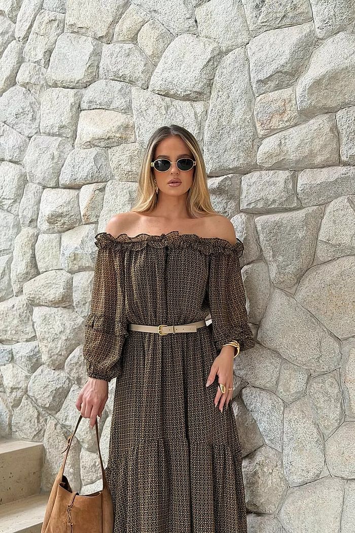 Vestido Longo Manga 3/4 Estampado