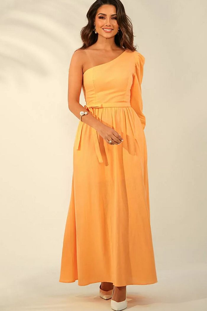 Vestido Viscose Um Ombro Manga Longa - Helena