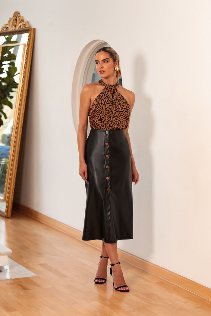 Saia Midi Couro Like Botões - Donna Ritz