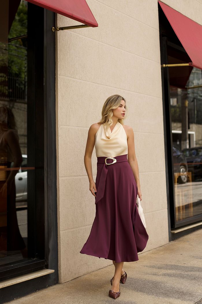 Saia Viés Cinto Fivela Dourada Acetinada - Doce Flor