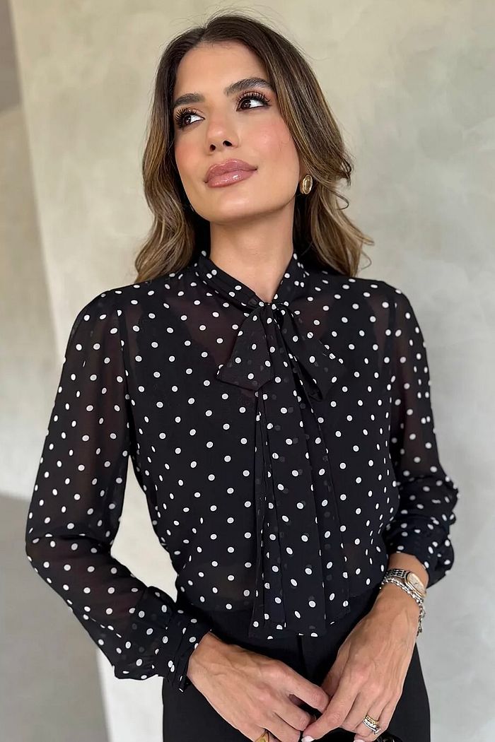 Camisa Crepe Gola Laço Poás - Doce Flor