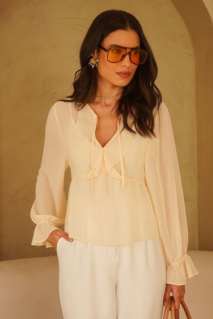 Blusa Chiffon Jabots Recorte Manga Longa - Donna Ritz