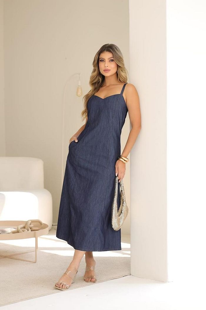 Vestido Midi Alça Jeans
