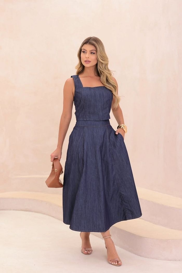 Saia Midi Jeans Evasê