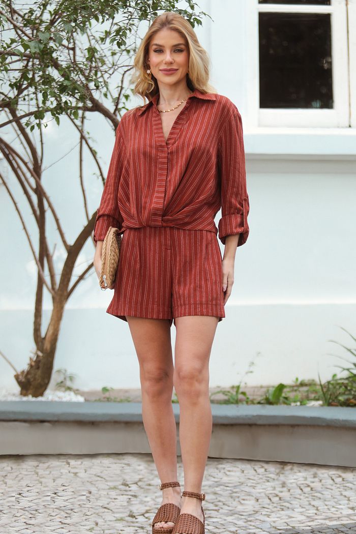 Shorts Linho Listrado Elástico - Donna Ritz