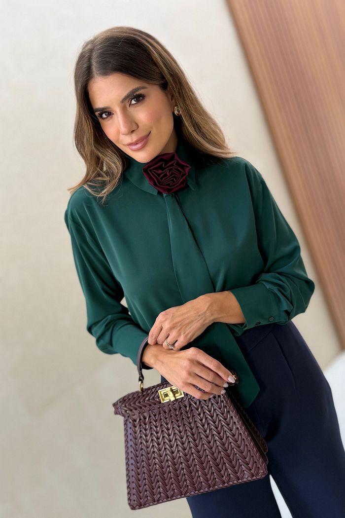 Camisa Feminina Acetinada Gravata - Doce Flor