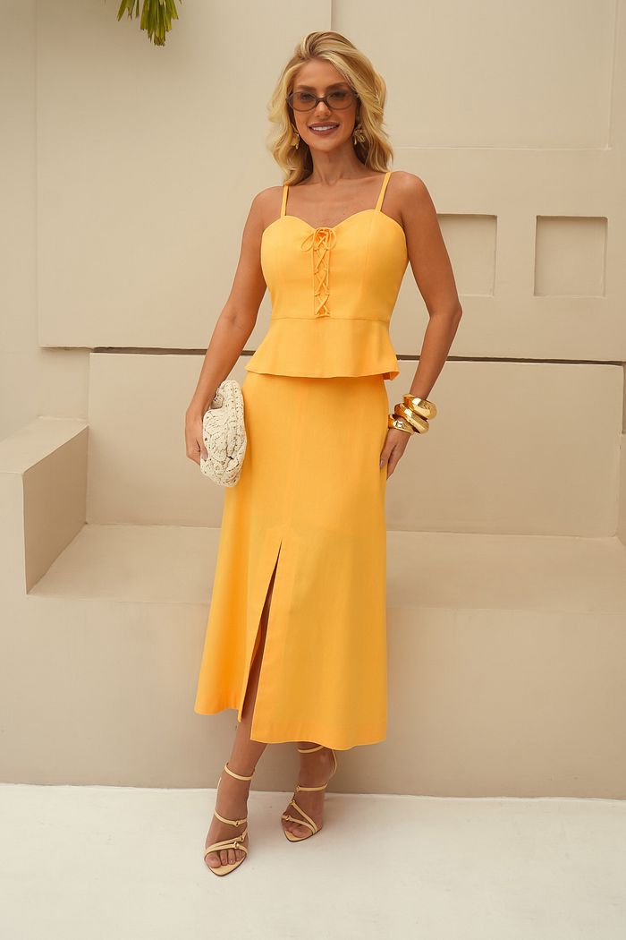 Saia Midi Linho Fenda - Donna Ritz