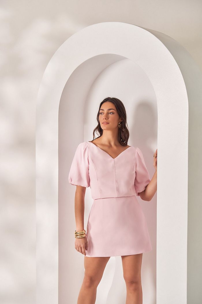 Blusa em Twill com Decote V e Manga com Elástico - Milalai