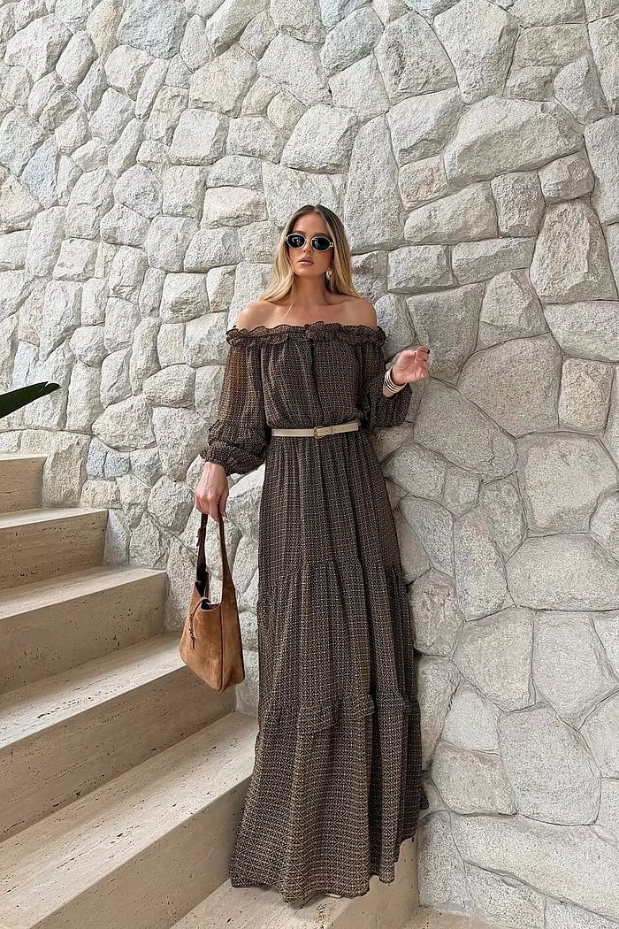 Vestido Longo Manga 3/4 Estampado