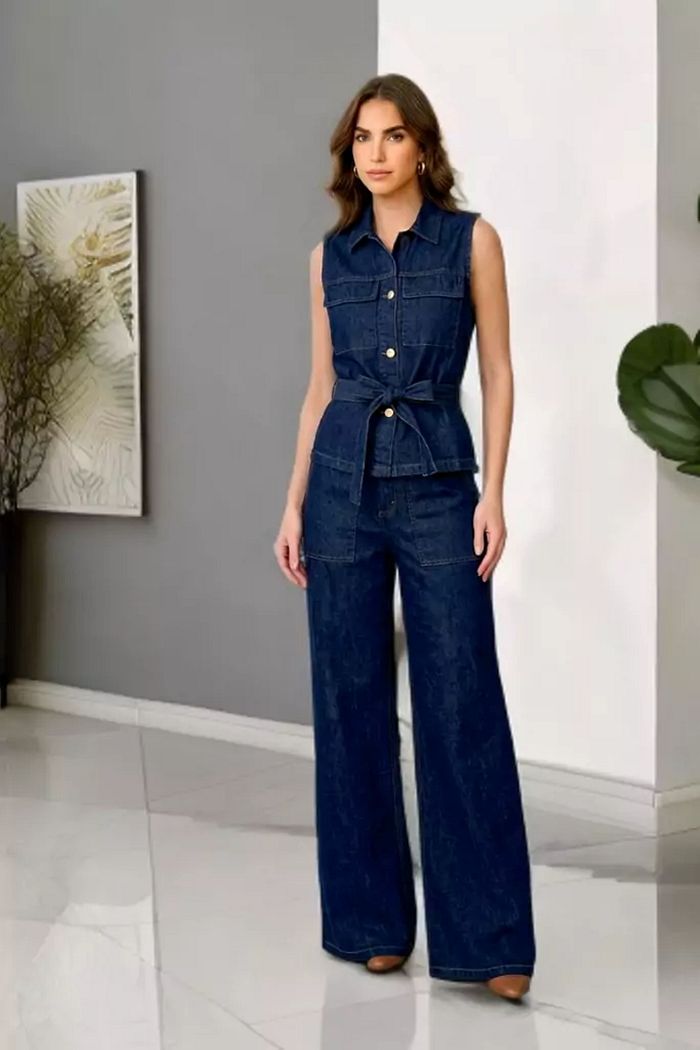 Calça Wide Leg Jeans Bolso