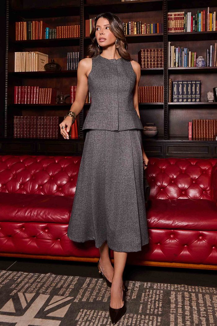 Saia Midi Pregas Alfaiataria com Lã - Unique Chic