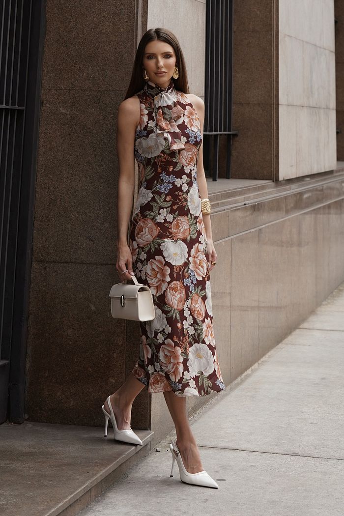 Vestido Estampa Floral Gola Laço - Doce Flor