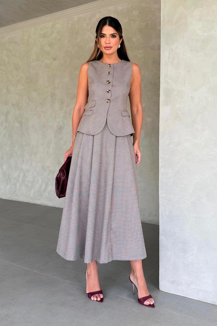 Saia Evasê Prega Pied Poule - Unique Chic