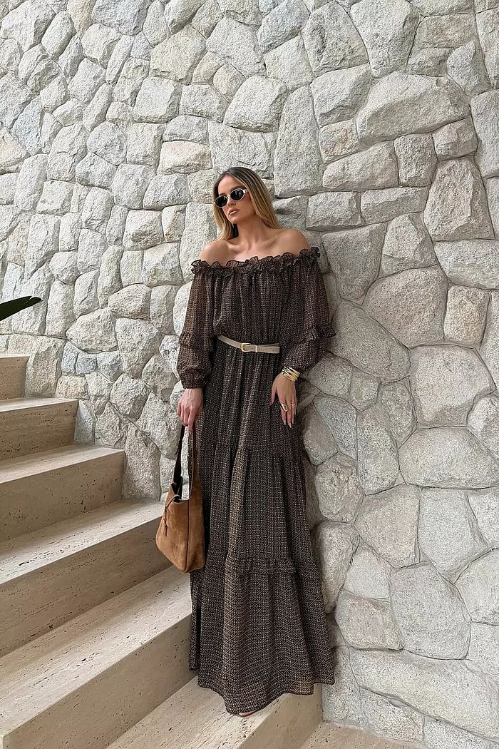 Vestido Longo Manga 3/4 Estampado