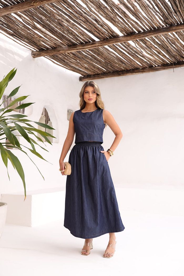 Saia Midi Evasê Jeans