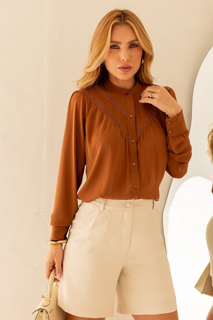 Camisa Crepe Franzido Renda - Doce Flor