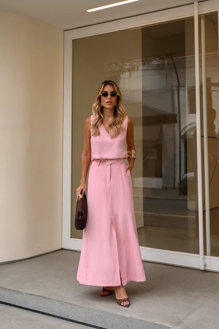 Saia Midi Twill Fenda E Cinto - Milalai