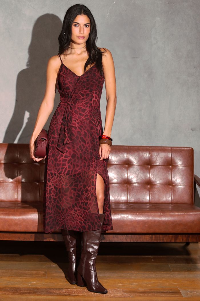 Vestido Midi Drapeado Chiffon Animal Print - Donna Ritz