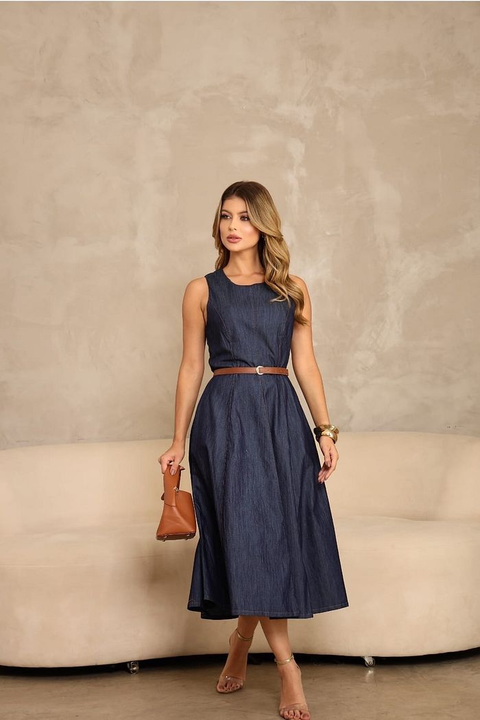 Vestido Midi Jeans Evasê ( não acompanha o cinto)