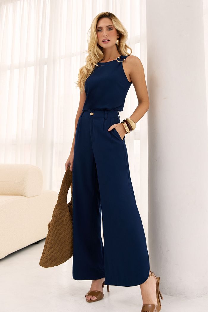 Calça Pantalona Viscose Sarja Botão Orgânico - Milalai