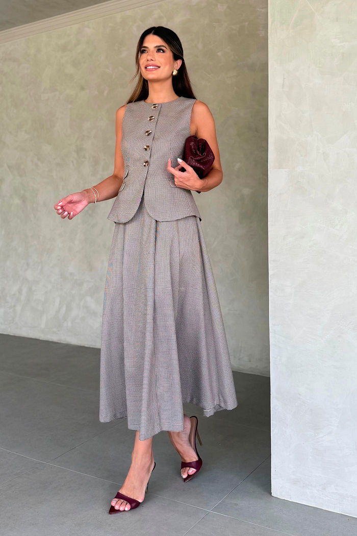 Saia Evasê Prega Pied Poule - Unique Chic