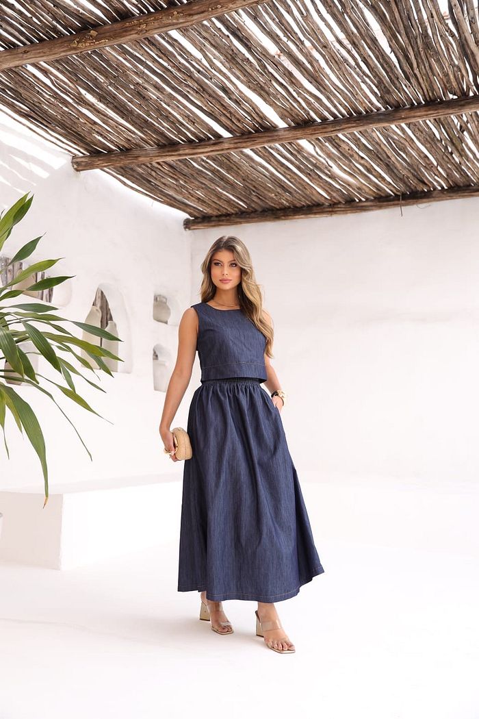 Saia Midi Evasê Jeans