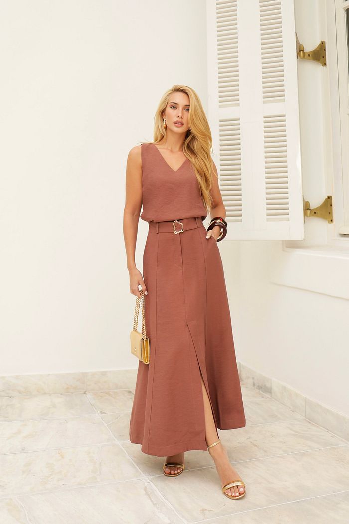 Saia Midi Twill Fenda E Cinto - Milalai