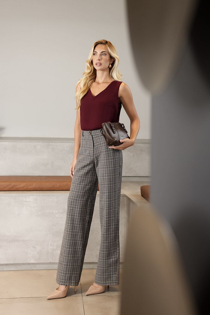 Calça Reta Xadrez Alfaiataria - Doce Flor