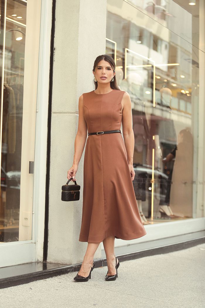 Vestido Midi Alfaiataria Twill Com Cinto - Doce Flor