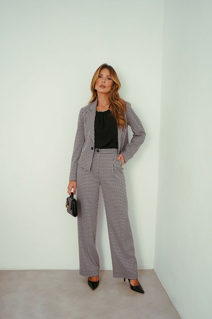 Calça Reta Alfaiataria Jacquard Xadrez - Donna Ritz