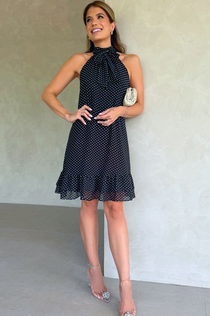 Vestido de Poá com Gola Laço - Doce Flor