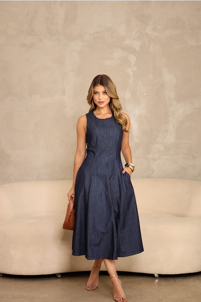 Vestido Midi Jeans Evasê ( não acompanha o cinto)