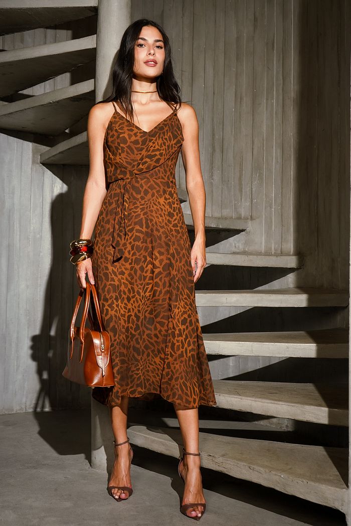 Vestido Midi Drapeado Chiffon Animal Print - Donna Ritz