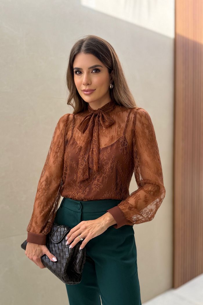 Blusa Manga Longa Gola Laço Renda - Doce Flor