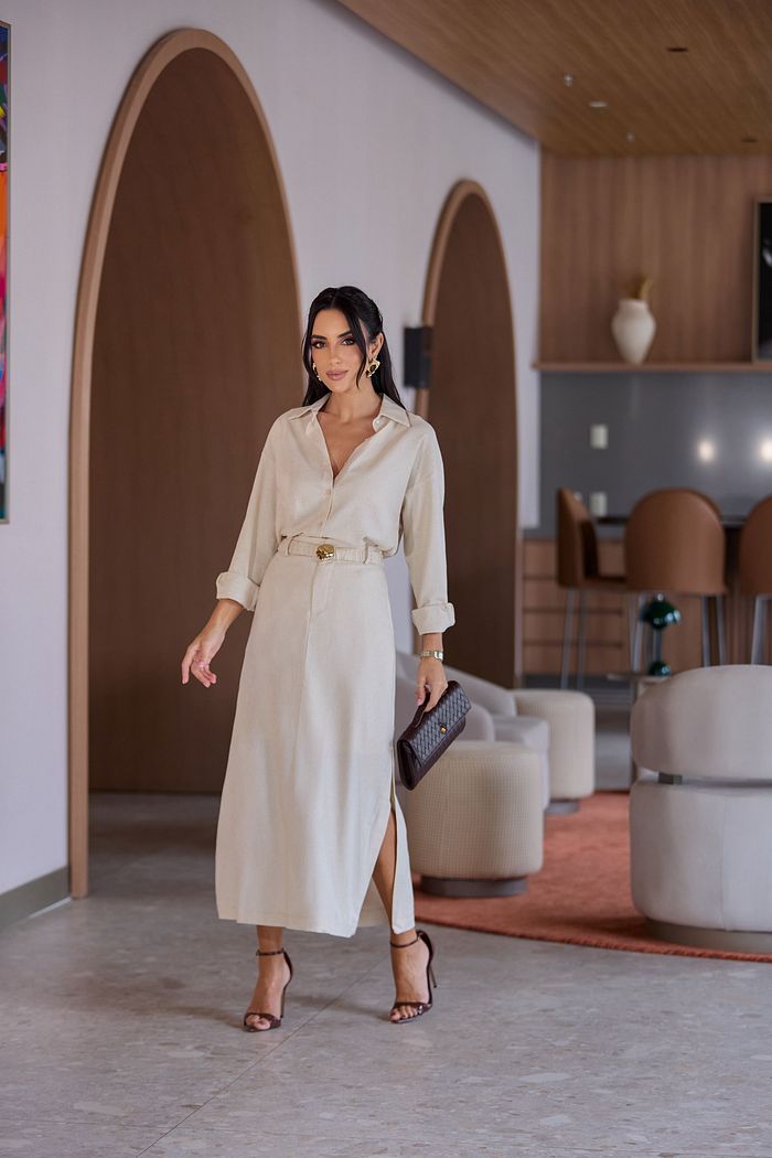 Saia Midi Viscolinho Cinto Fivela - Milalai