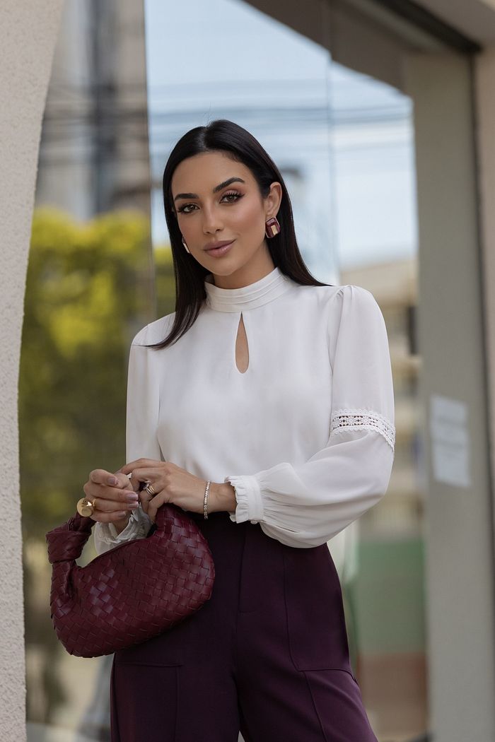 Blusa Crepe Manga Longa Com Entremeio - Milalai