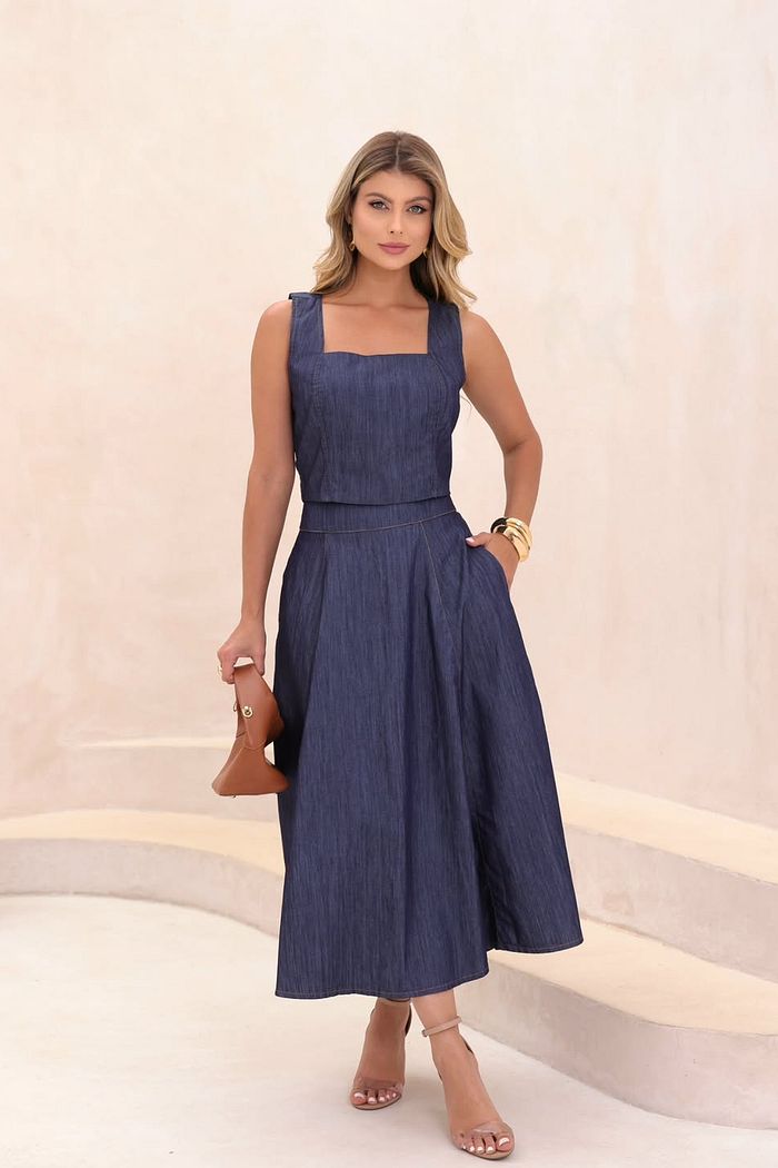 Saia Midi Jeans Evasê