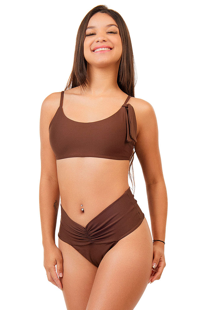 CONJUNTO MOANA | CROPPED ALCINHA + CALCINHA CINTURA ALTA EFEITO LIPO MARROM