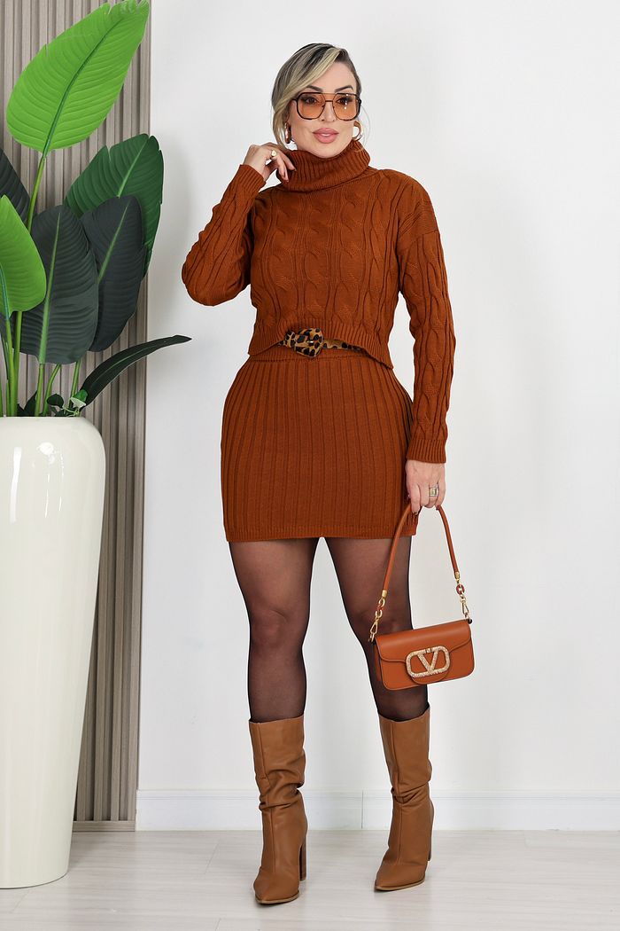 CONJUNTO TRICOT CROPPED E SAIA CURTA SAMARA - TERRACOTA
