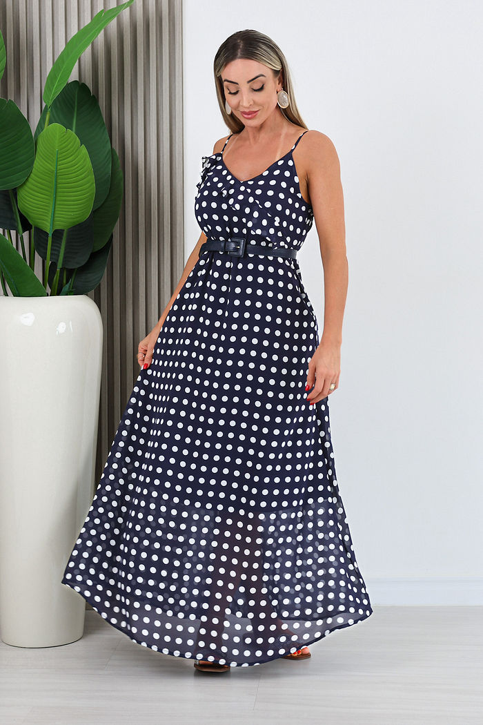 VESTIDO LONGO AZUL MARINHO C/ POÁ CÁSSIA