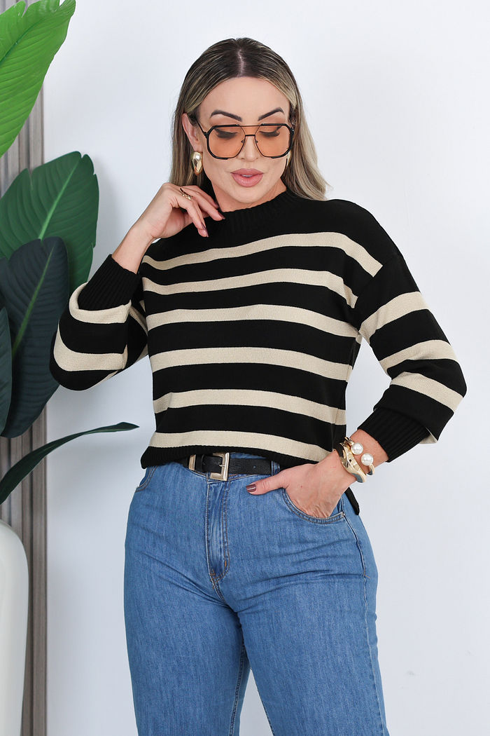 BLUSA  TRICOT MARIENE - PRETO C/ LISTRAS BEGE