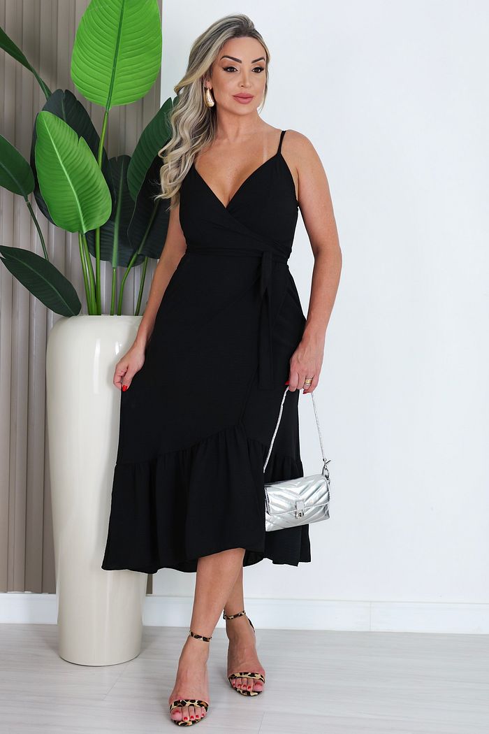 VESTIDO TRANSPASSADO ALÇA FINA VIRNA - PRETO