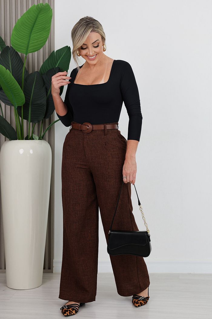 CALÇA RETA POLILINHO RAFAELA - MARROM CAFÉ