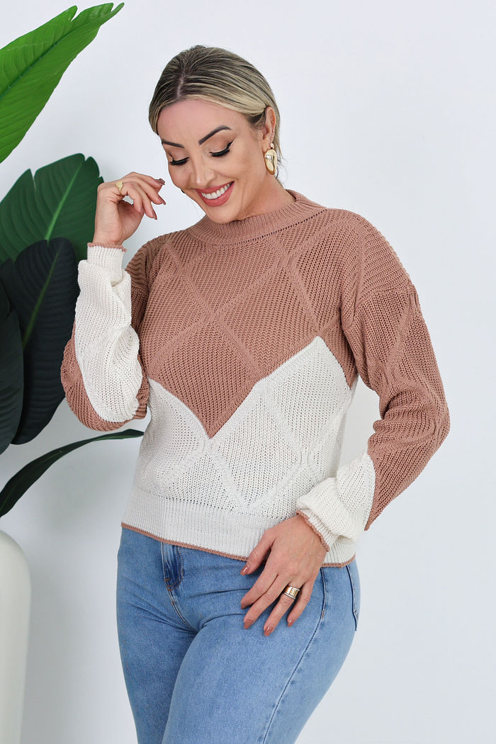 BLUSA MANGA LONGA TRICOT ARIANE - BEGE ROSADO C/ OFF